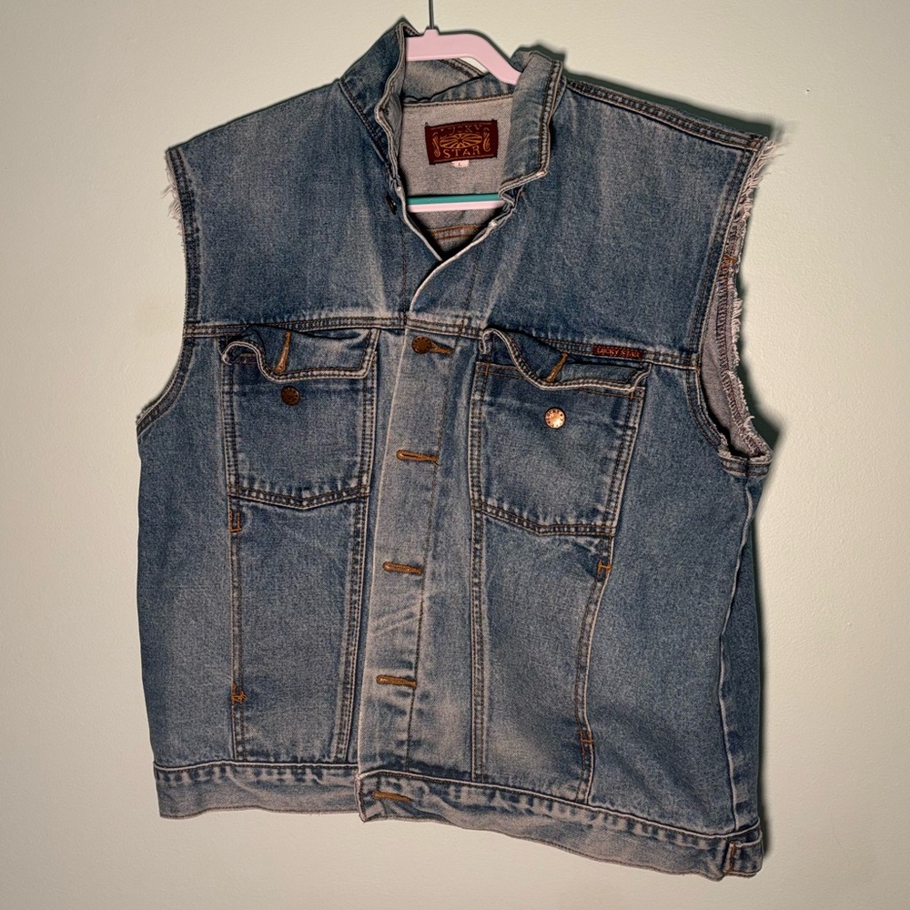 Lucky Star Vintage Denim Jean Vest with Frayed Hems Size L Large - Picture 1 of 14